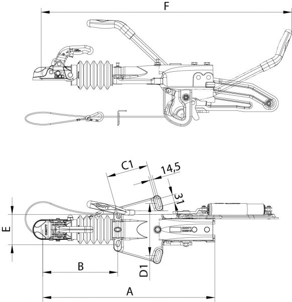 Overrun device flange with support wheel bracket