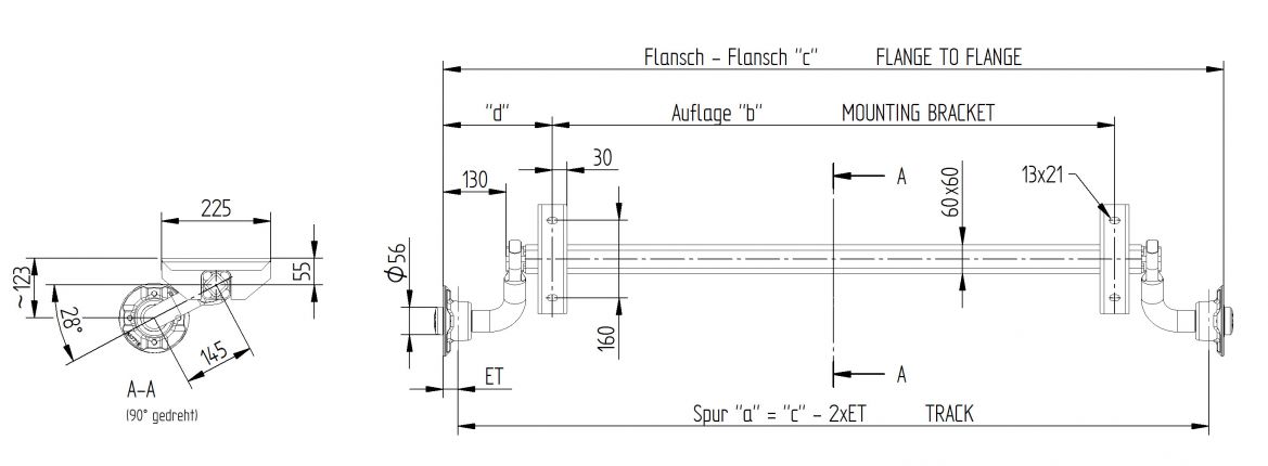 Essieu de remorque KNOTT non freiné VG7-L 750 kg 1125 mm 1615 mm 4x100